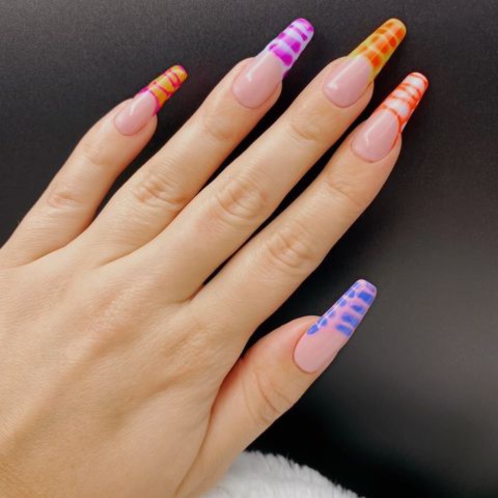 Colourful Y2K Nude French with Rainbow Crocodile French Tip Press On Nails